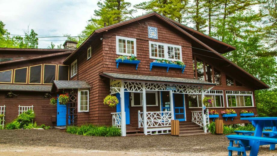 Camp dining hall with flower boxes