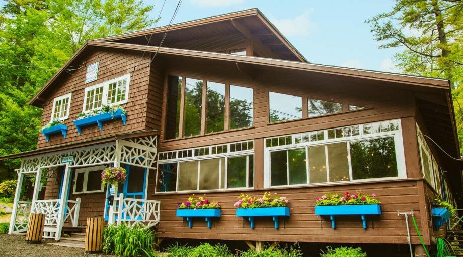 Camp dining hall with flower boxes