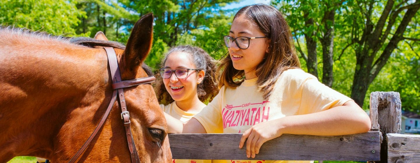Girls petting a horse