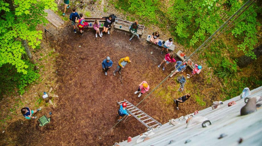 Aerial of the climbing tower with campers below