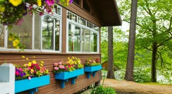 Flower boxes in the windows of the dining hall