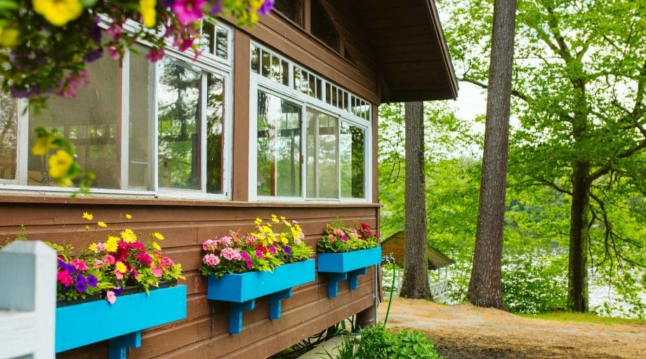 Flower boxes in the windows of the dining hall