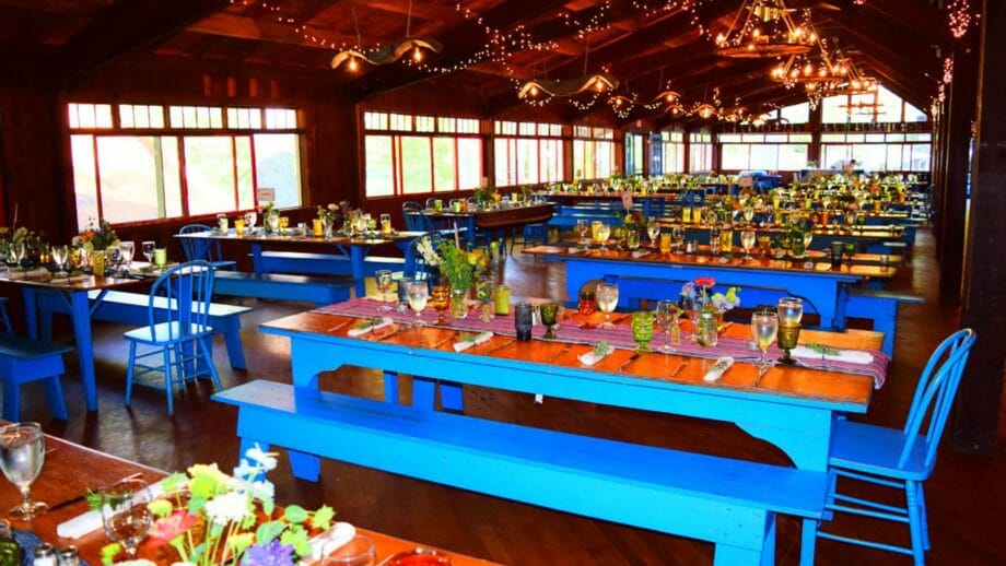 Dining hall decorated for a wedding