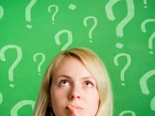 Mom's head on a green background with questions marks floating above